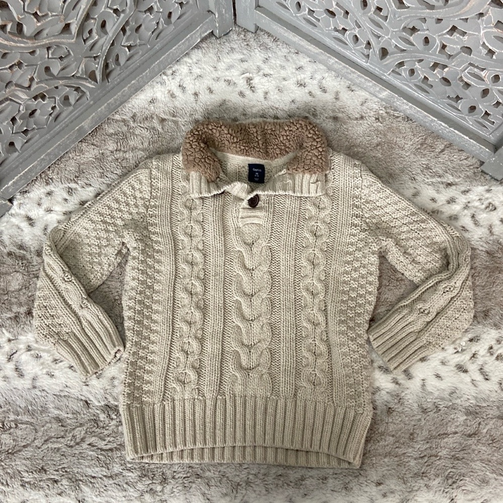 GAP Kids cream cable knit sweater boys XSmall faux fur preppy gorpcore classic